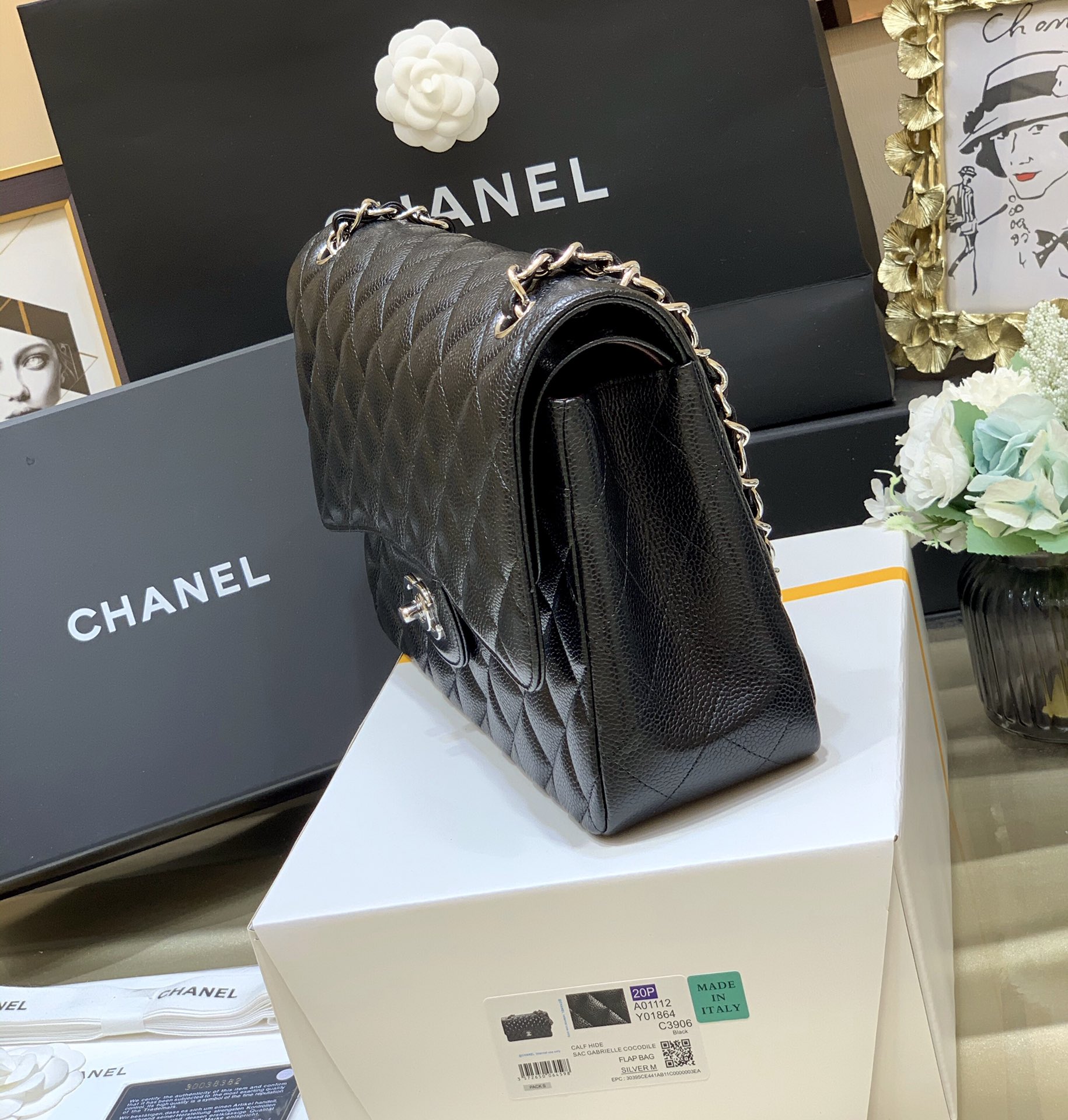 Ch@nel Flap Bag-Cavir Leather-Silver-30CM Ch@nel Flap Bag-Cavir Leather-Silver-30CM