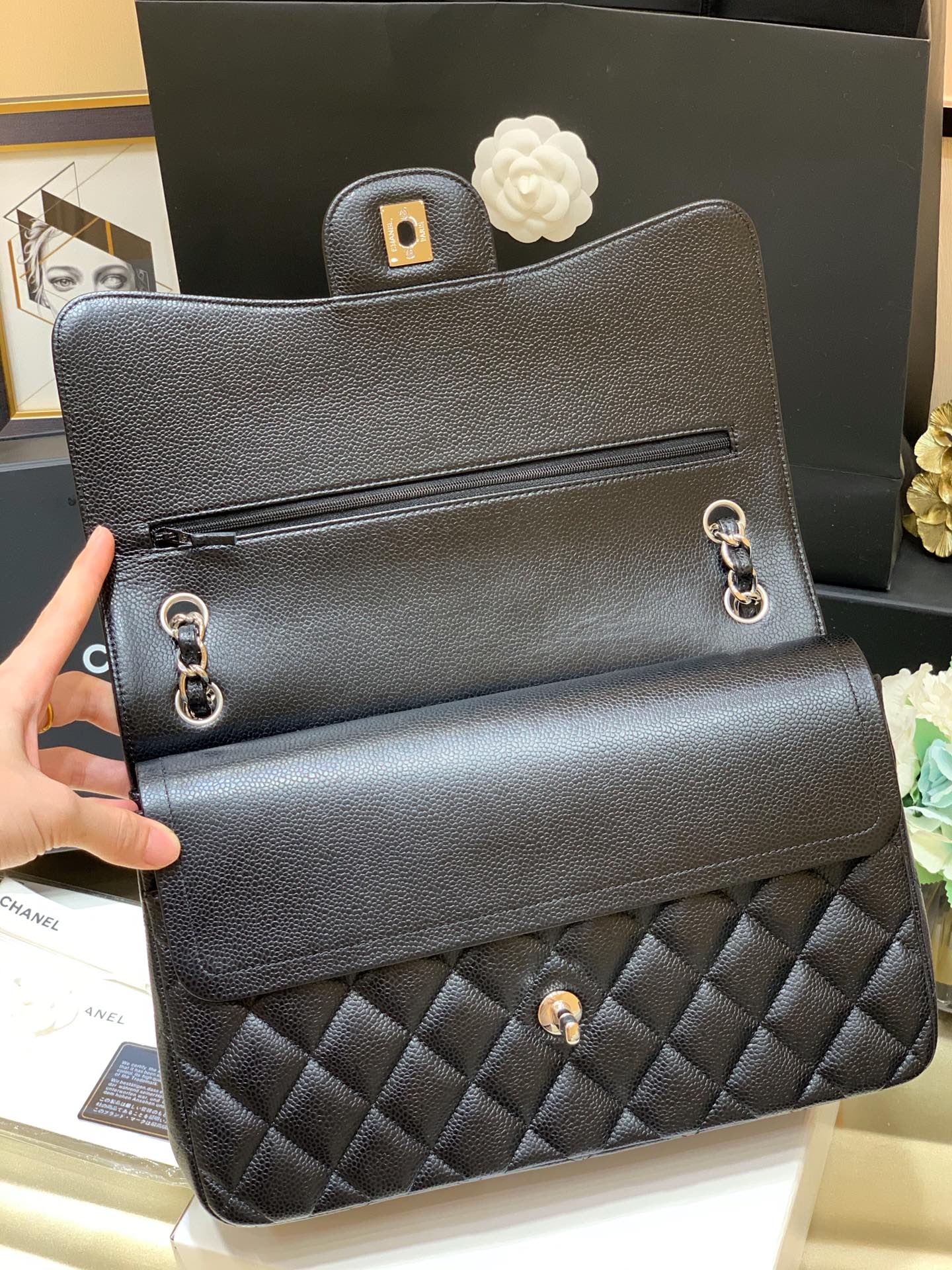 Ch@nel Flap Bag-Cavir Leather-Silver-30CM Ch@nel Flap Bag-Cavir Leather-Silver-30CM