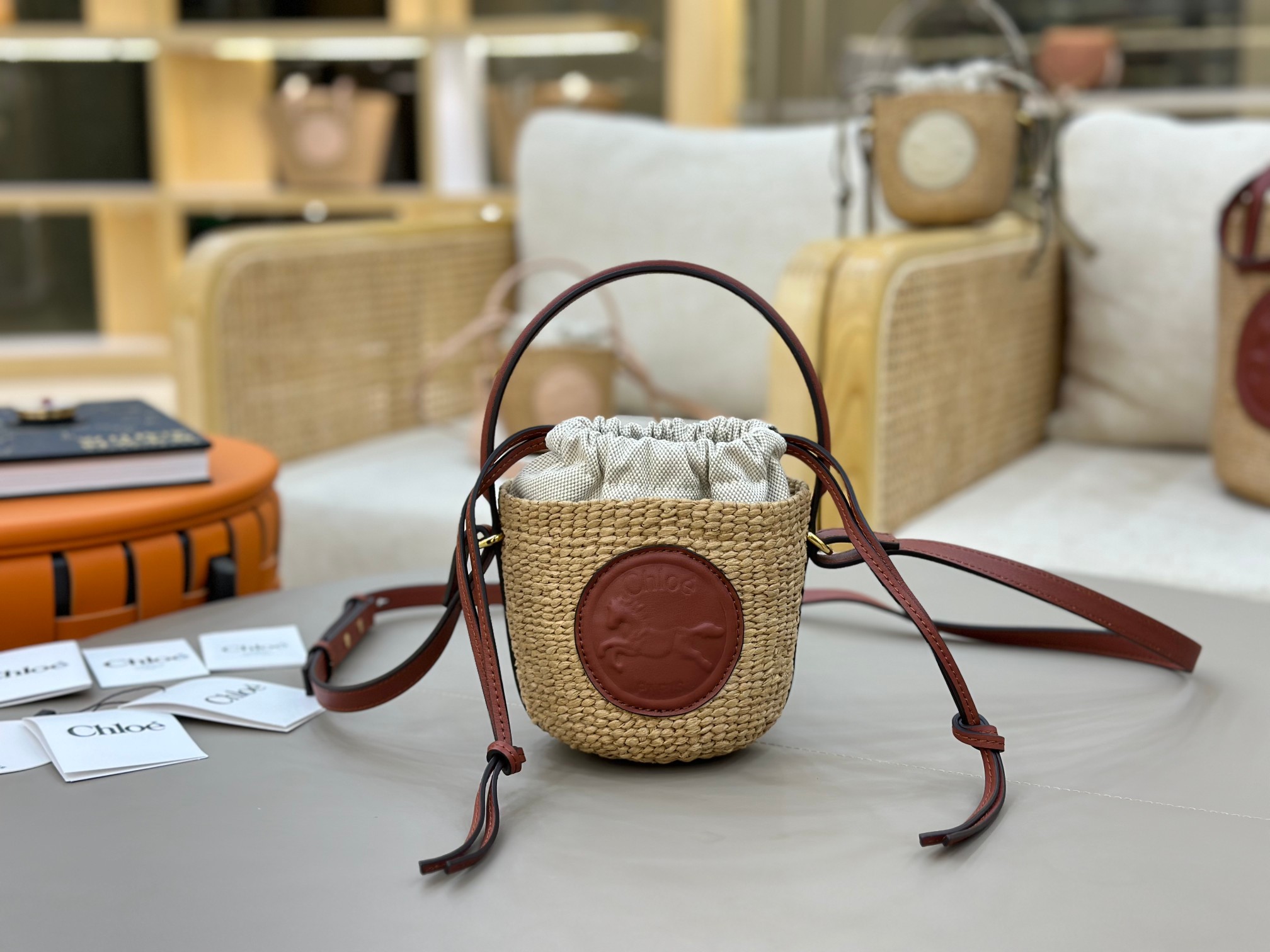 Chloé Mini Horse Medal Basket In Natural Fibers-14×12.5x14CM