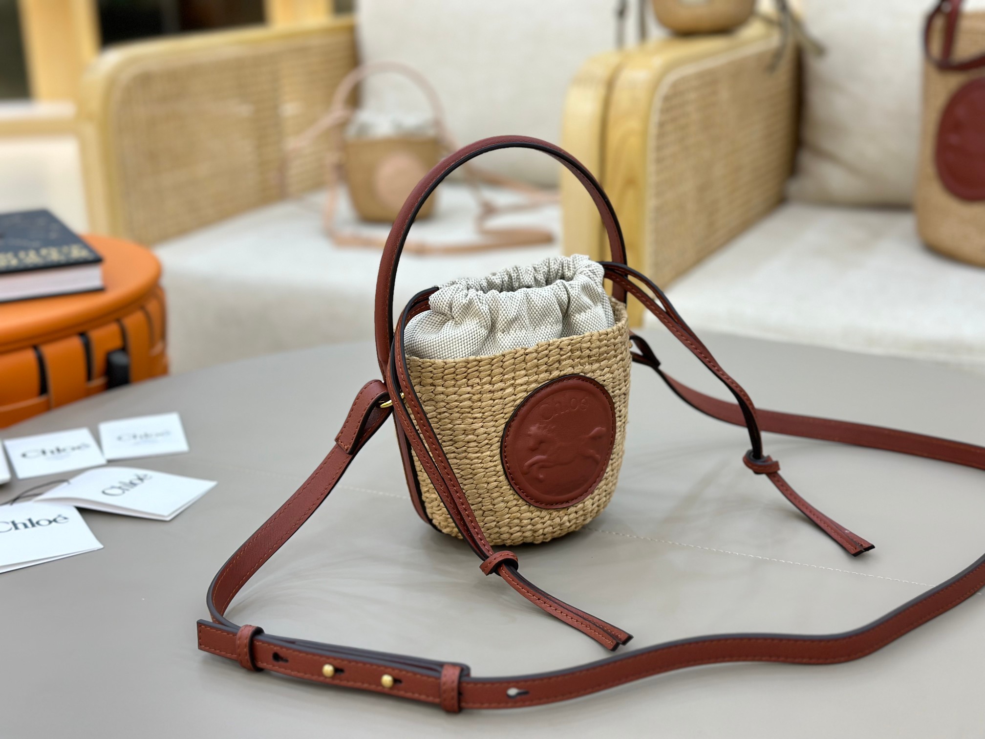 Chloé Mini Horse Medal Basket In Natural Fibers-14×12.5x14CM