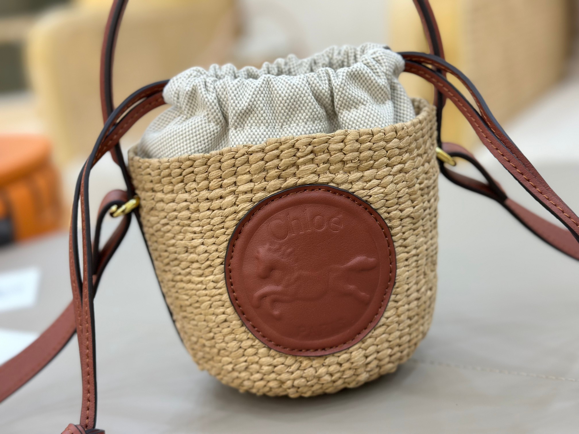 Chloé Mini Horse Medal Basket In Natural Fibers-14×12.5x14CM