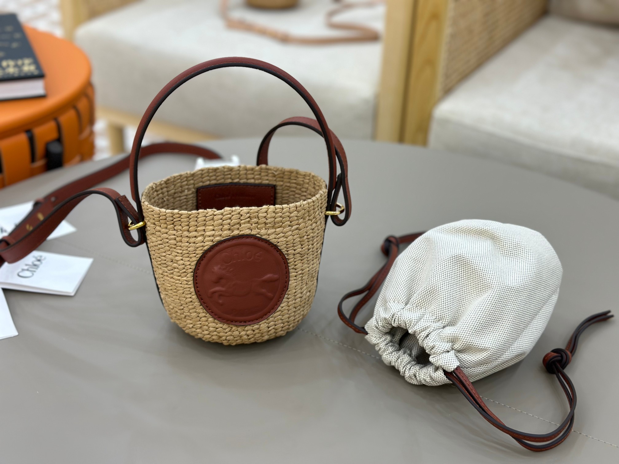 Chloé Mini Horse Medal Basket In Natural Fibers-14×12.5x14CM
