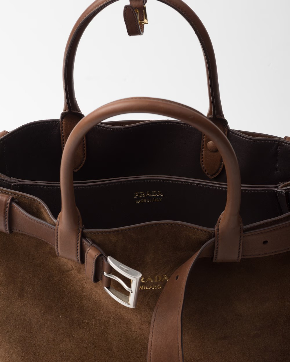 PRADA LARGE BUCKLE PRADA BUCKLE SUEDE BAG WITH BELT